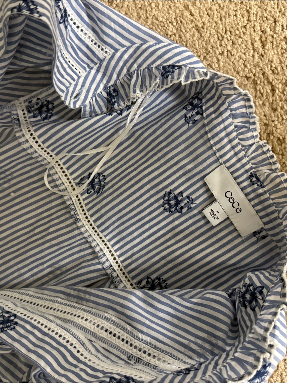 CeCe Blue and White Striped Blouse with Navy Floral Detail